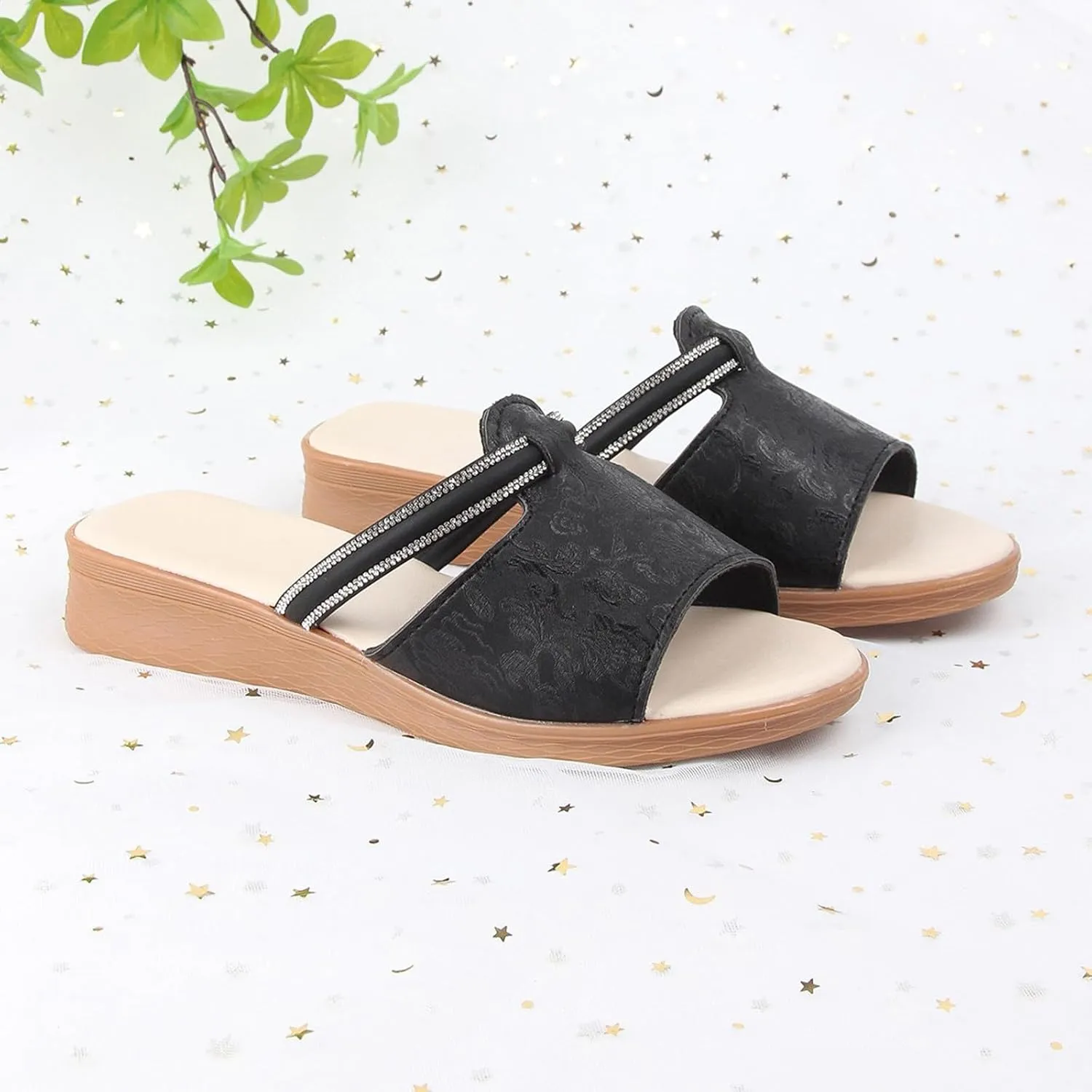 Women's Soft Wedge Soled Sandal Summer Simple Dark Print Fish Mouth Slope Heel Large Size Arch Sandals Women Shower