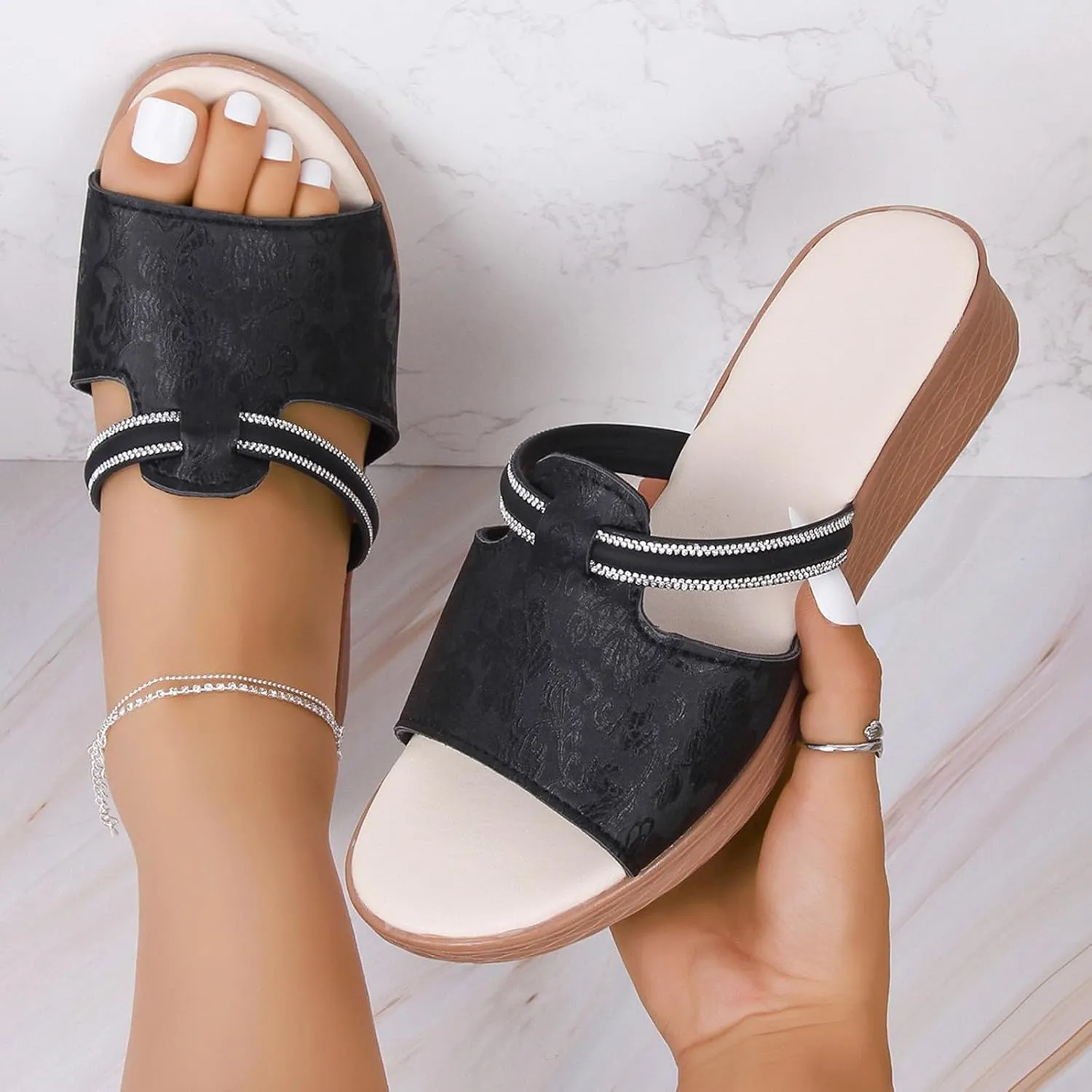 Women's Soft Wedge Soled Sandal Summer Simple Dark Print Fish Mouth Slope Heel Large Size Arch Sandals Women Shower