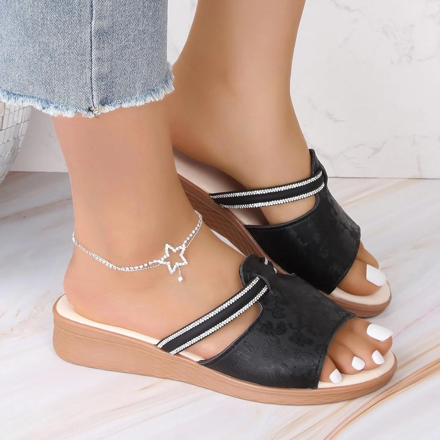 Women's Soft Wedge Soled Sandal Summer Simple Dark Print Fish Mouth Slope Heel Large Size Arch Sandals Women Shower